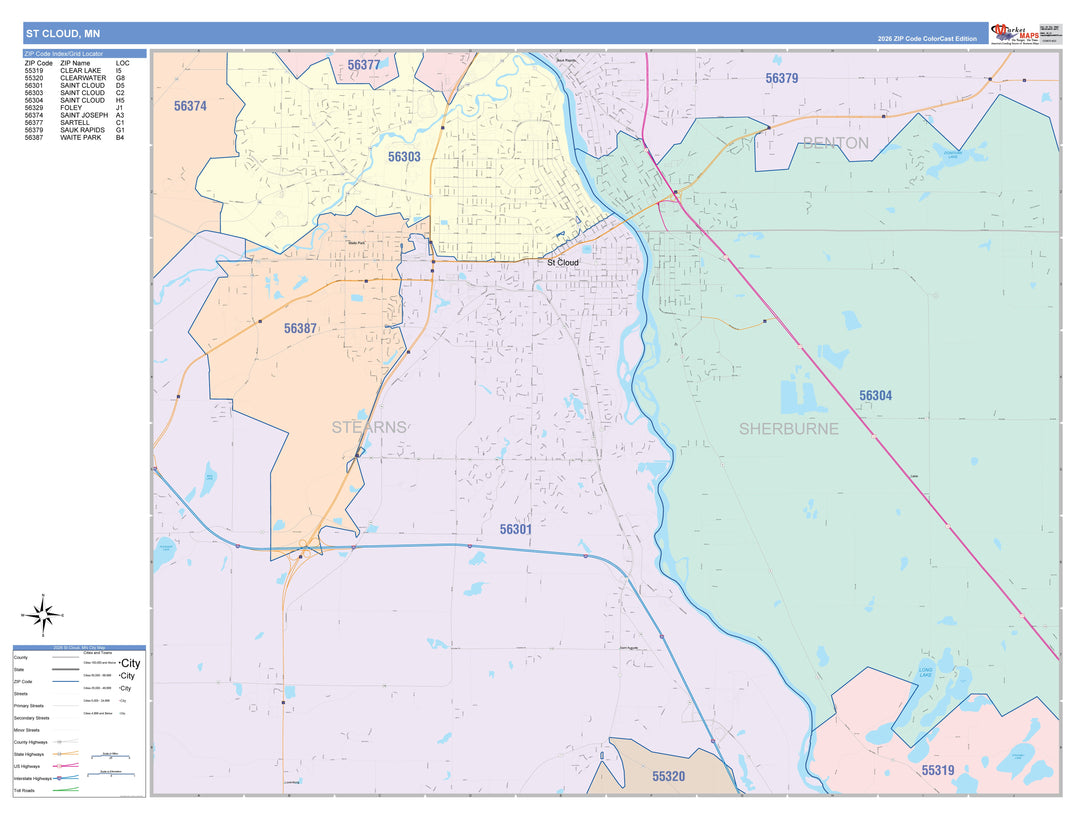 Color Cast Zip Code Style Wall Map of St. Cloud, MN