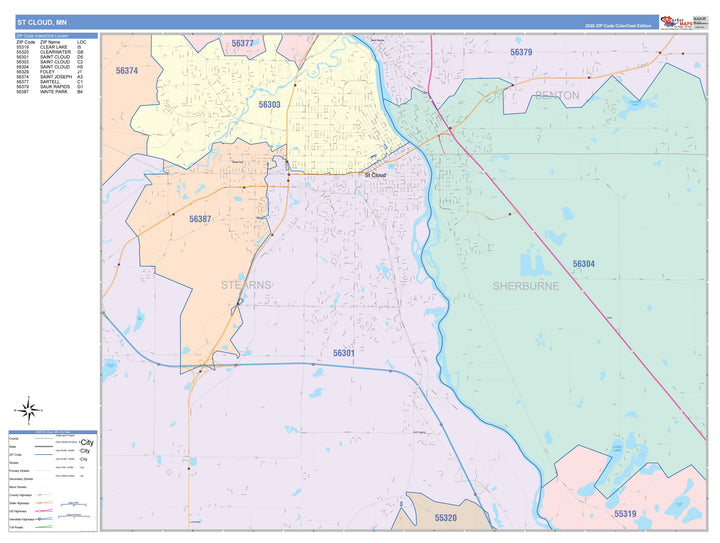 Color Cast Zip Code Style Wall Map of St. Cloud, MN