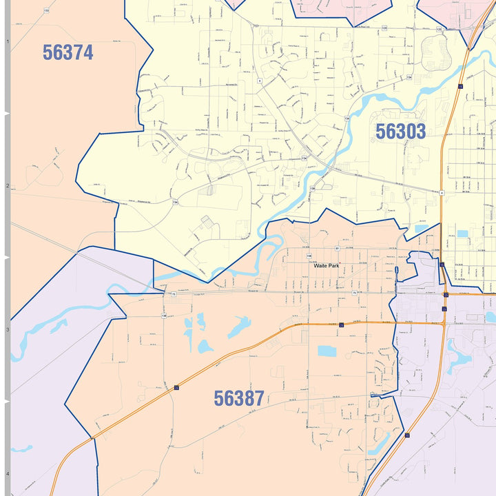 Color Cast Zip Code Style Wall Map of St. Cloud, MN
