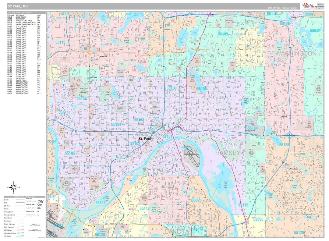 Premium Style Wall Map of St. Paul MN.
