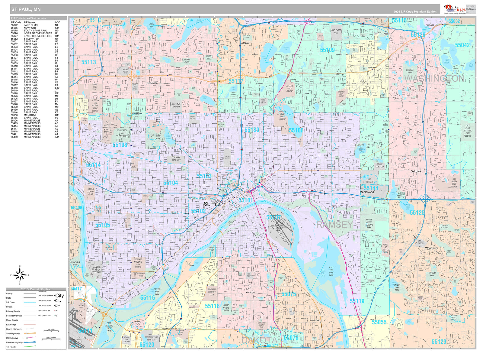 Premium Style Wall Map of St. Paul MN.
