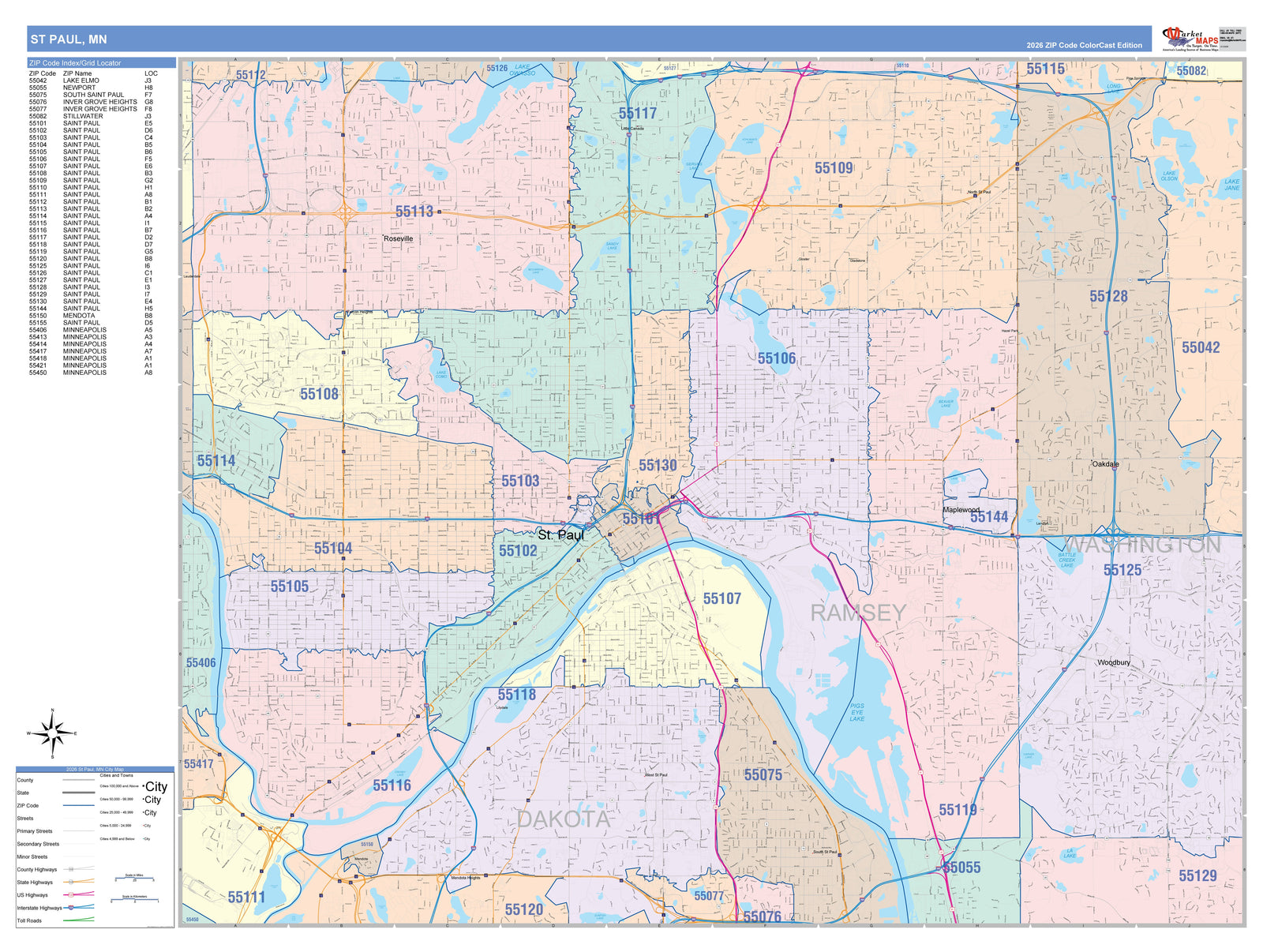 Colorcast Zip Code Style Wall Map of St. Paul MN