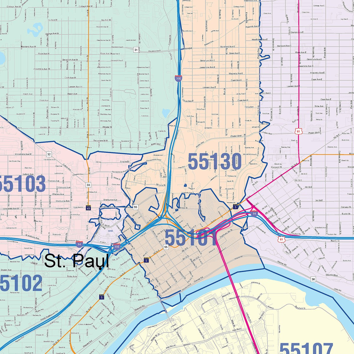 Colorcast Zip Code Style Wall Map of St. Paul, MN – American Map Store