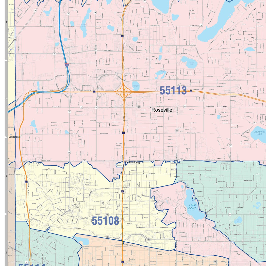 Colorcast Zip Code Style Wall Map of St. Paul MN