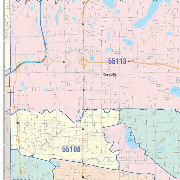 Colorcast Zip Code Style Wall Map of St. Paul MN