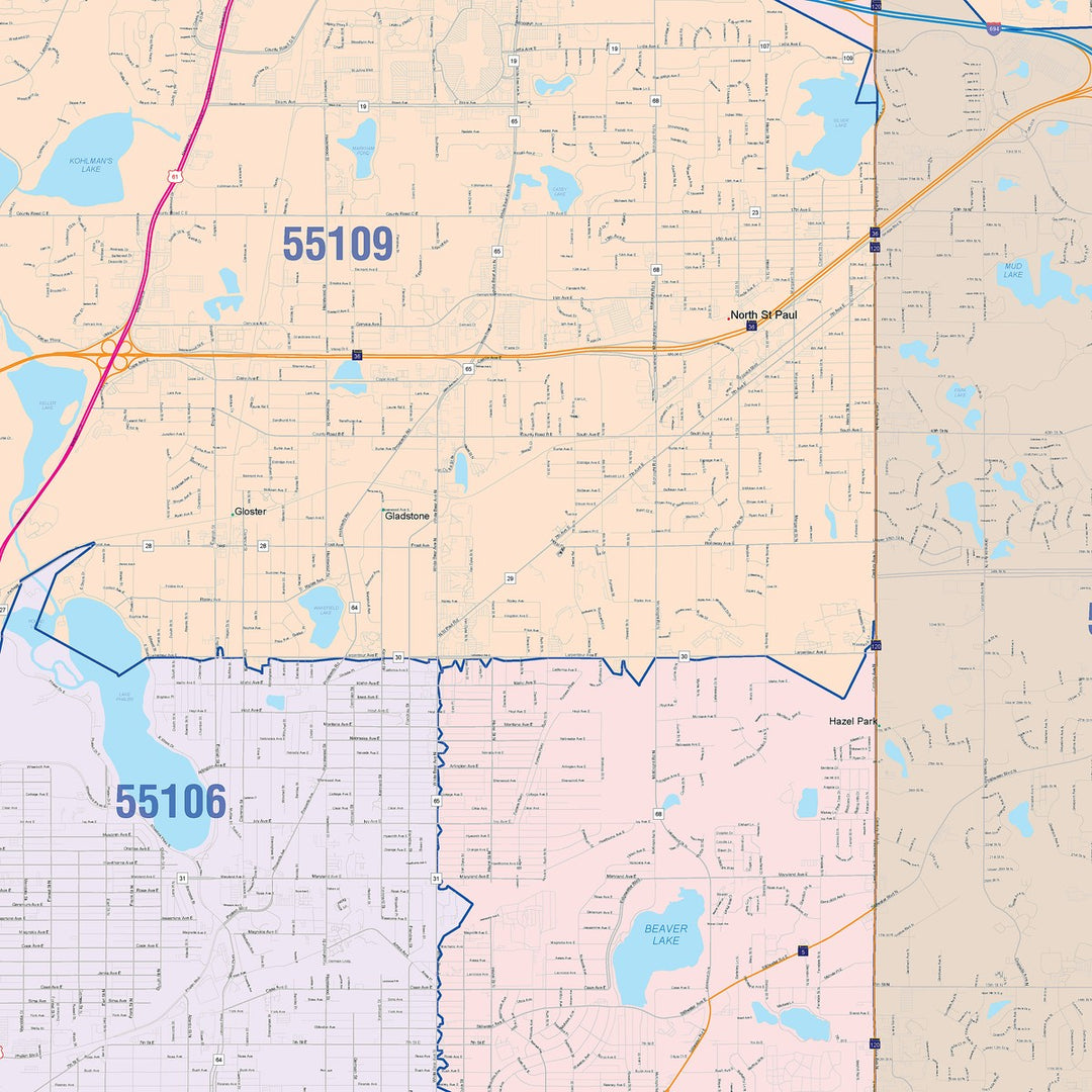 Colorcast Zip Code Style Wall Map of St. Paul MN