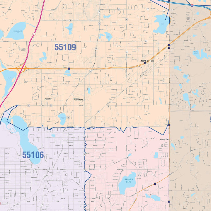 Colorcast Zip Code Style Wall Map of St. Paul MN