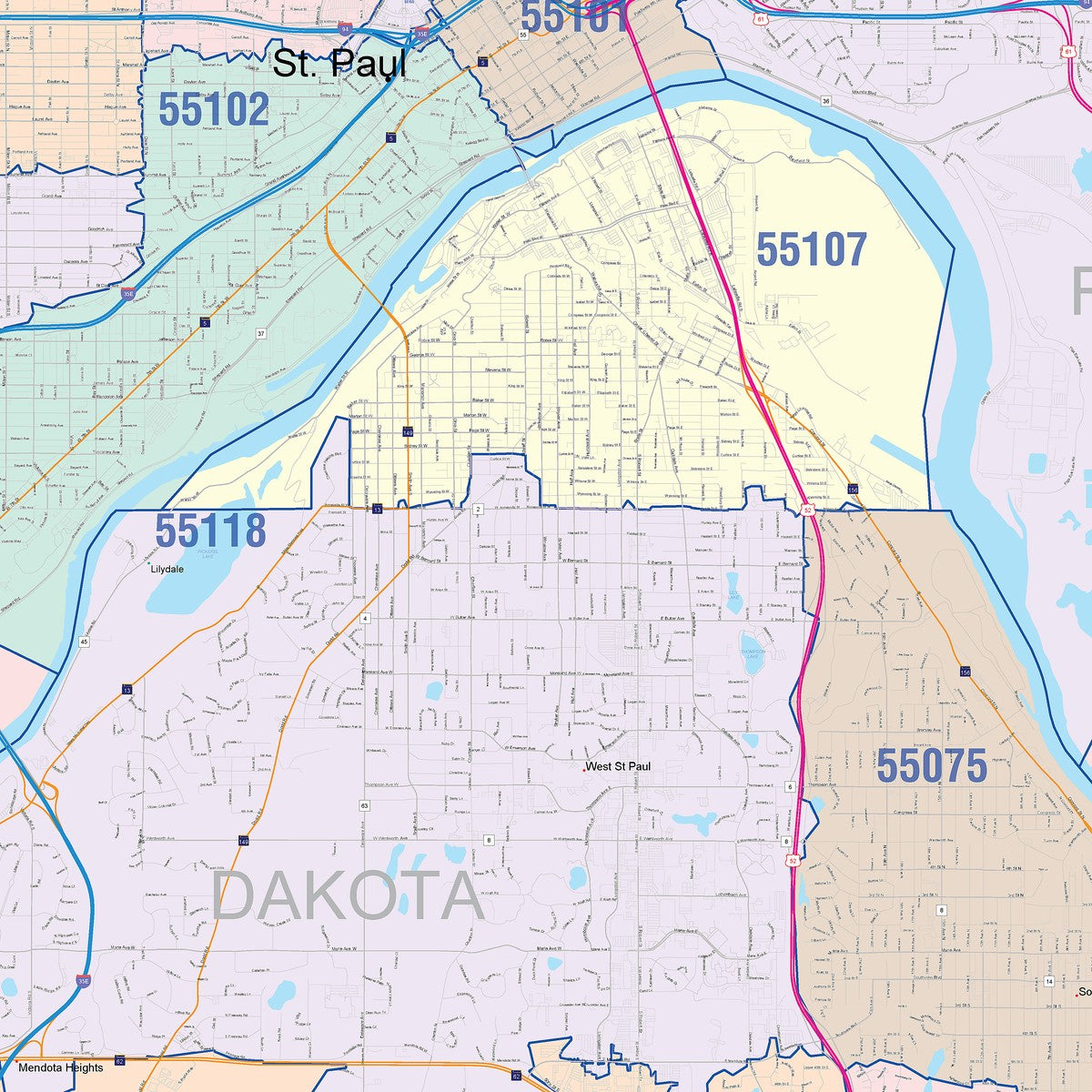 Colorcast Zip Code Style Wall Map of St. Paul, MN – American Map Store