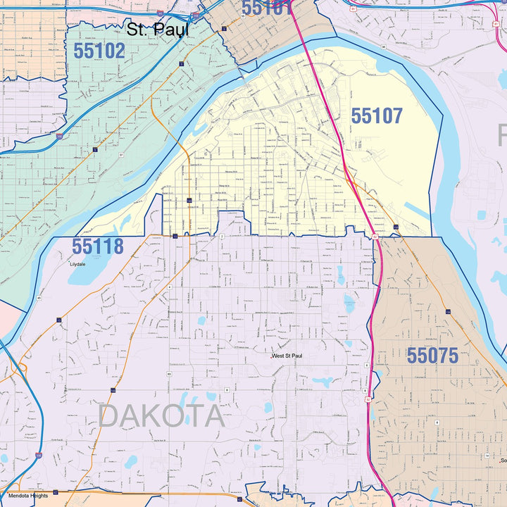 Colorcast Zip Code Style Wall Map of St. Paul MN