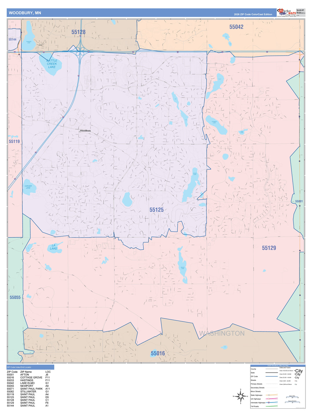 Color Cast Zip Code Style Wall Map of Woodbury, MN
