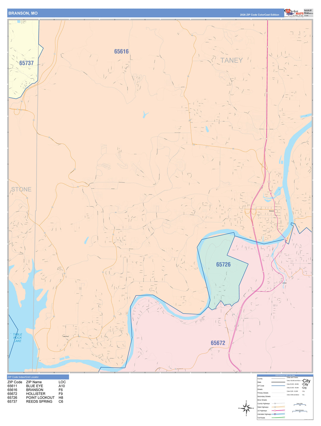 Color Cast Zip Code Style Wall Map of Branson, MO