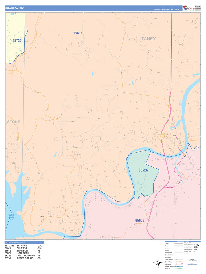 Color Cast Zip Code Style Wall Map of Branson, MO