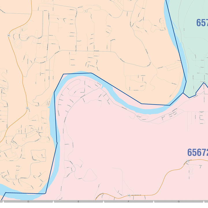 Color Cast Zip Code Style Wall Map of Branson, MO