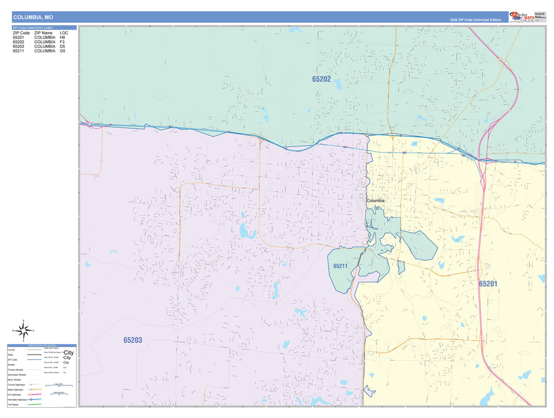 Color Cast Zip Code Style Wall Map of Columbia, MO