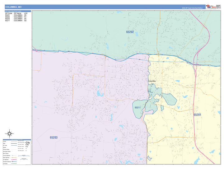 Color Cast Zip Code Style Wall Map of Columbia, MO