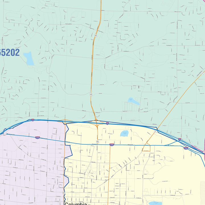 Color Cast Zip Code Style Wall Map of Columbia, MO