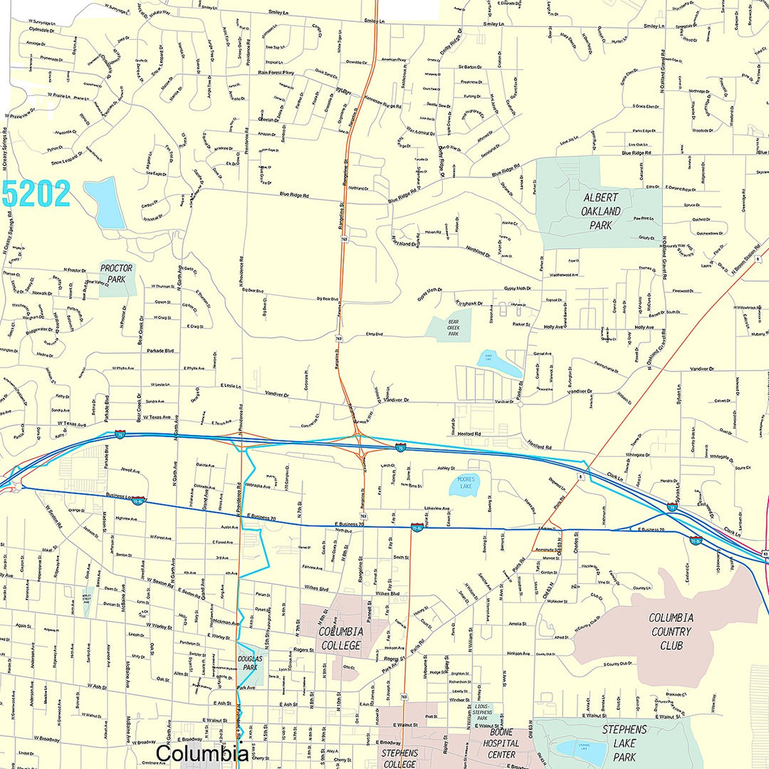 Premium Style Wall Map of Columbia, MO