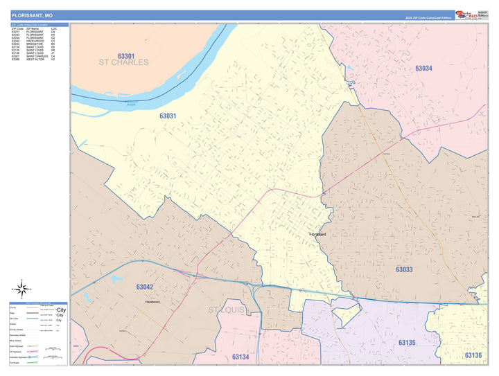 Color Cast Zip Code Style Wall Map of Florissant, MO
