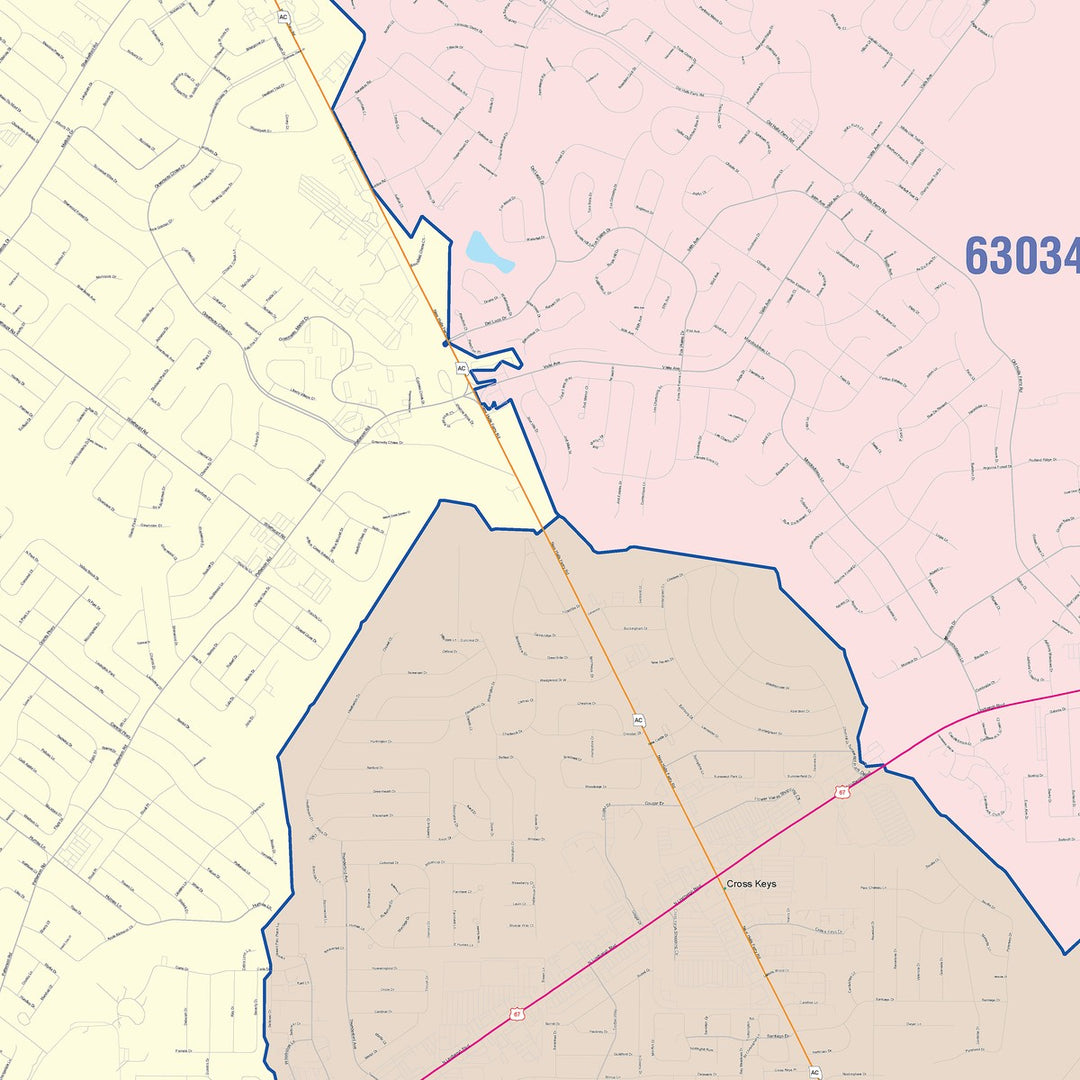 Color Cast Zip Code Style Wall Map of Florissant, MO