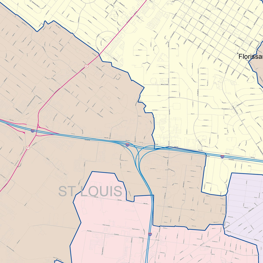 Color Cast Zip Code Style Wall Map of Florissant, MO