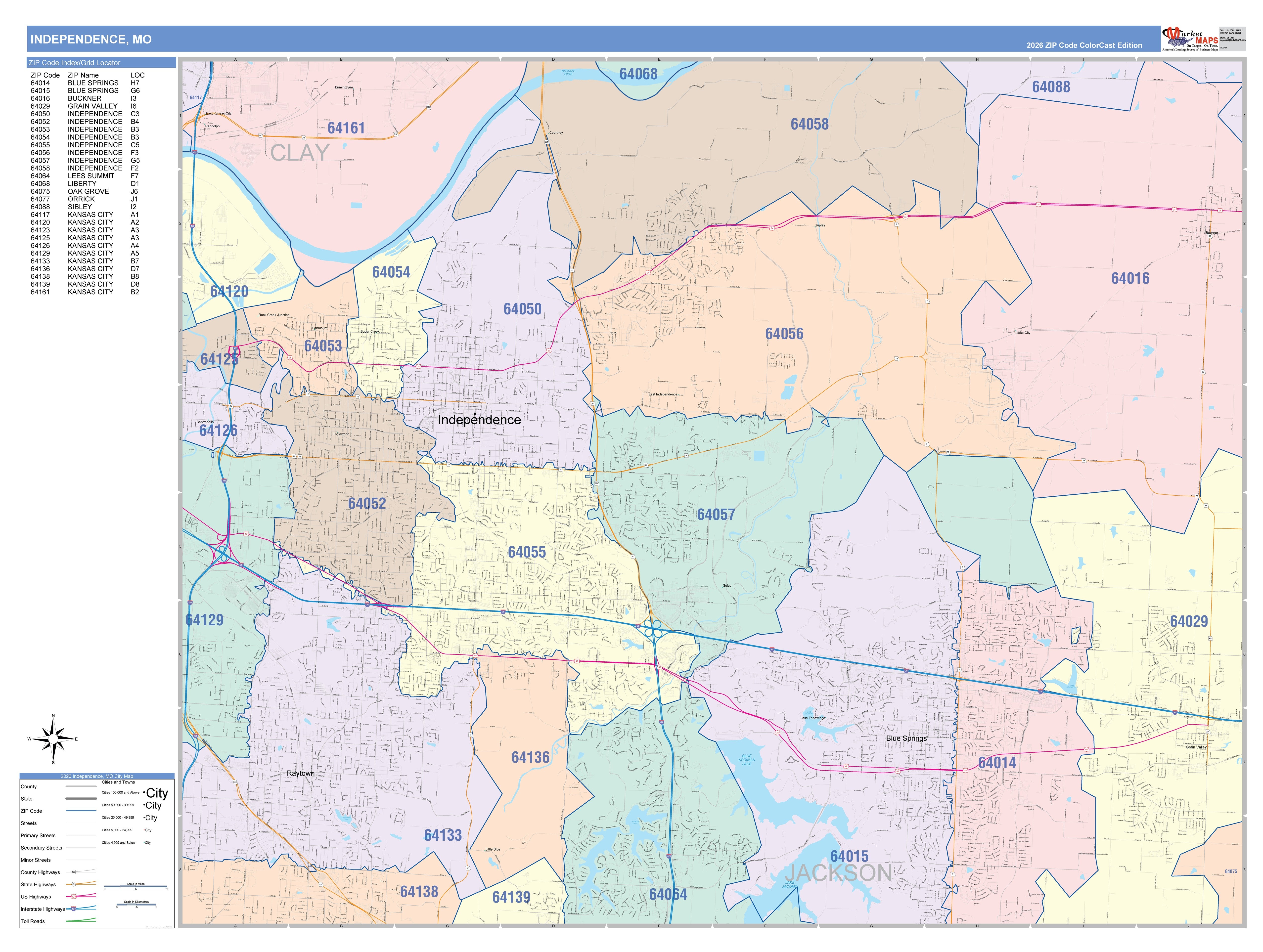 Color Cast Zip Code Style Wall Map of Independence, MO – American Map Store