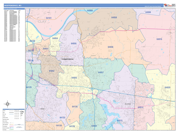 Color Cast Zip Code Style Wall Map of Independence, MO