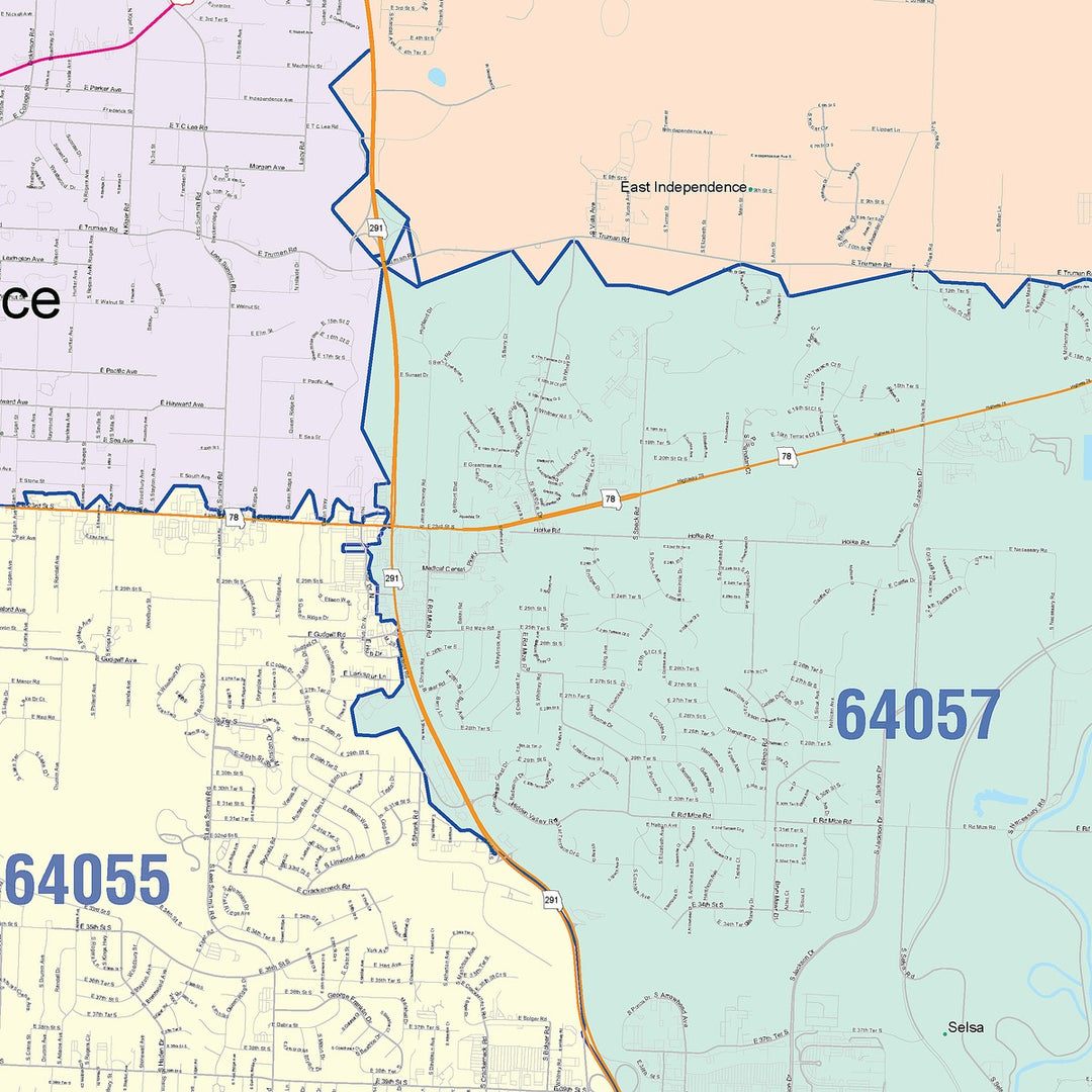 Color Cast Zip Code Style Wall Map of Independence, MO