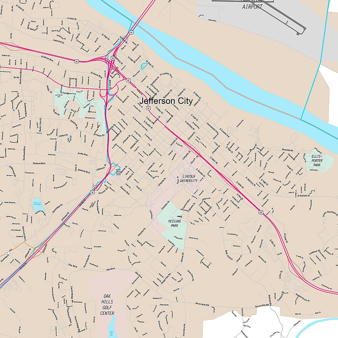 Premium Style Wall Map of Jefferson City, MO