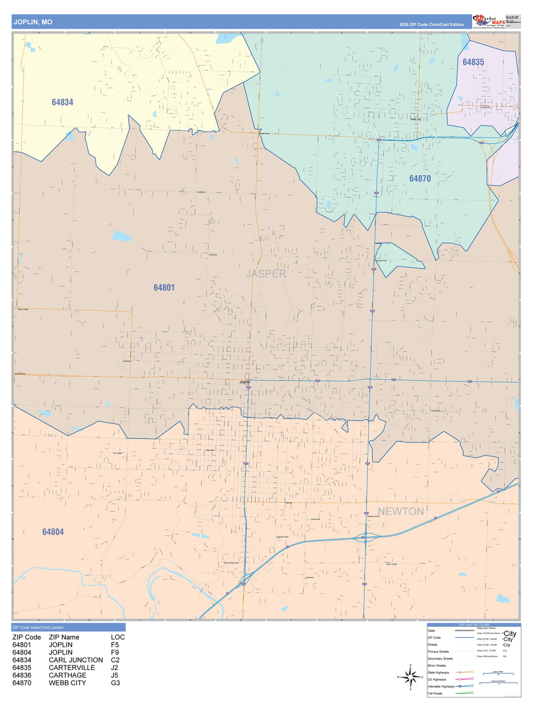 Color Cast Zip Code Style Wall Map of Joplin, MO