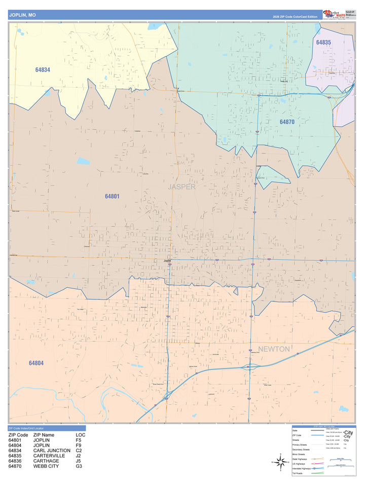 Color Cast Zip Code Style Wall Map of Joplin, MO