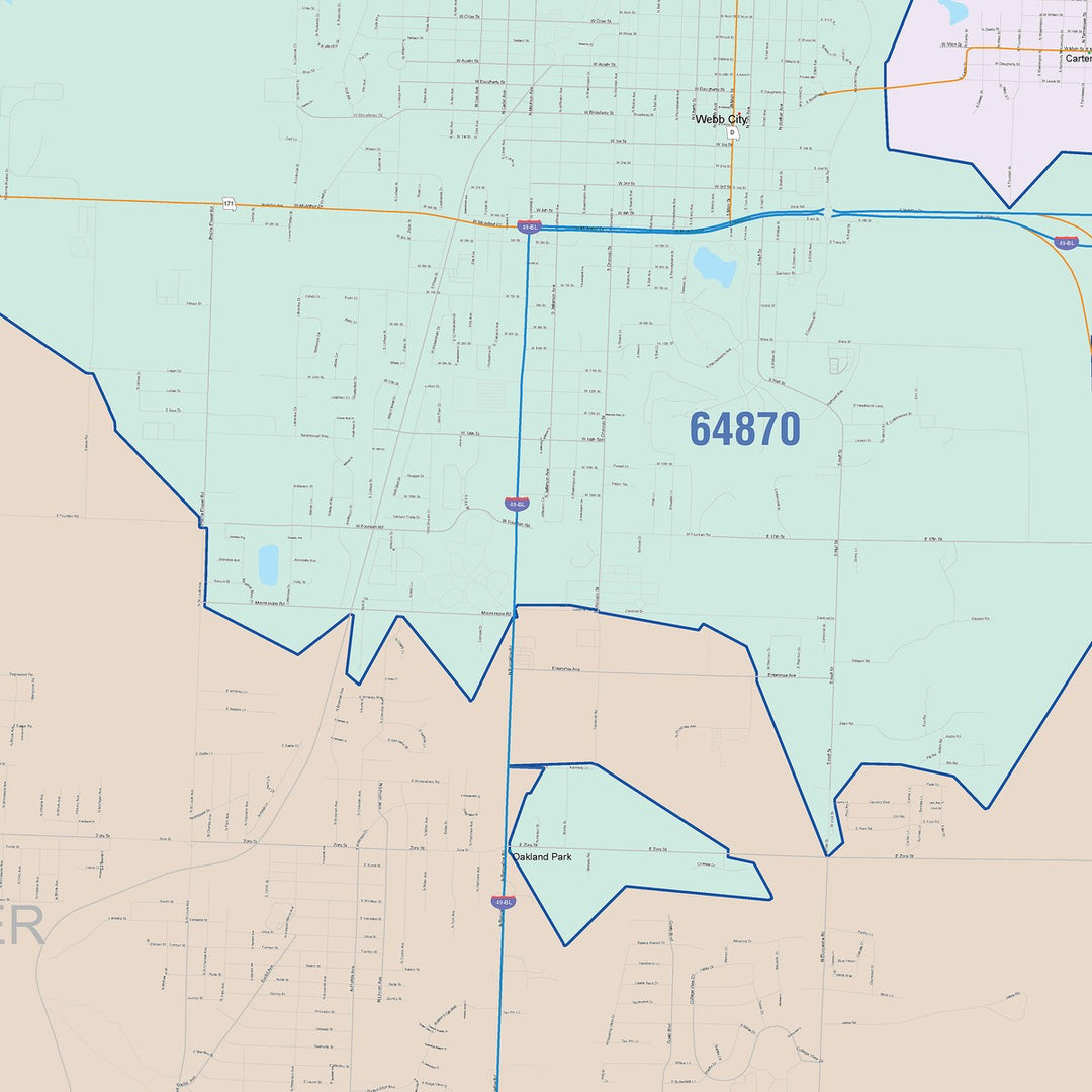Color Cast Zip Code Style Wall Map of Joplin, MO