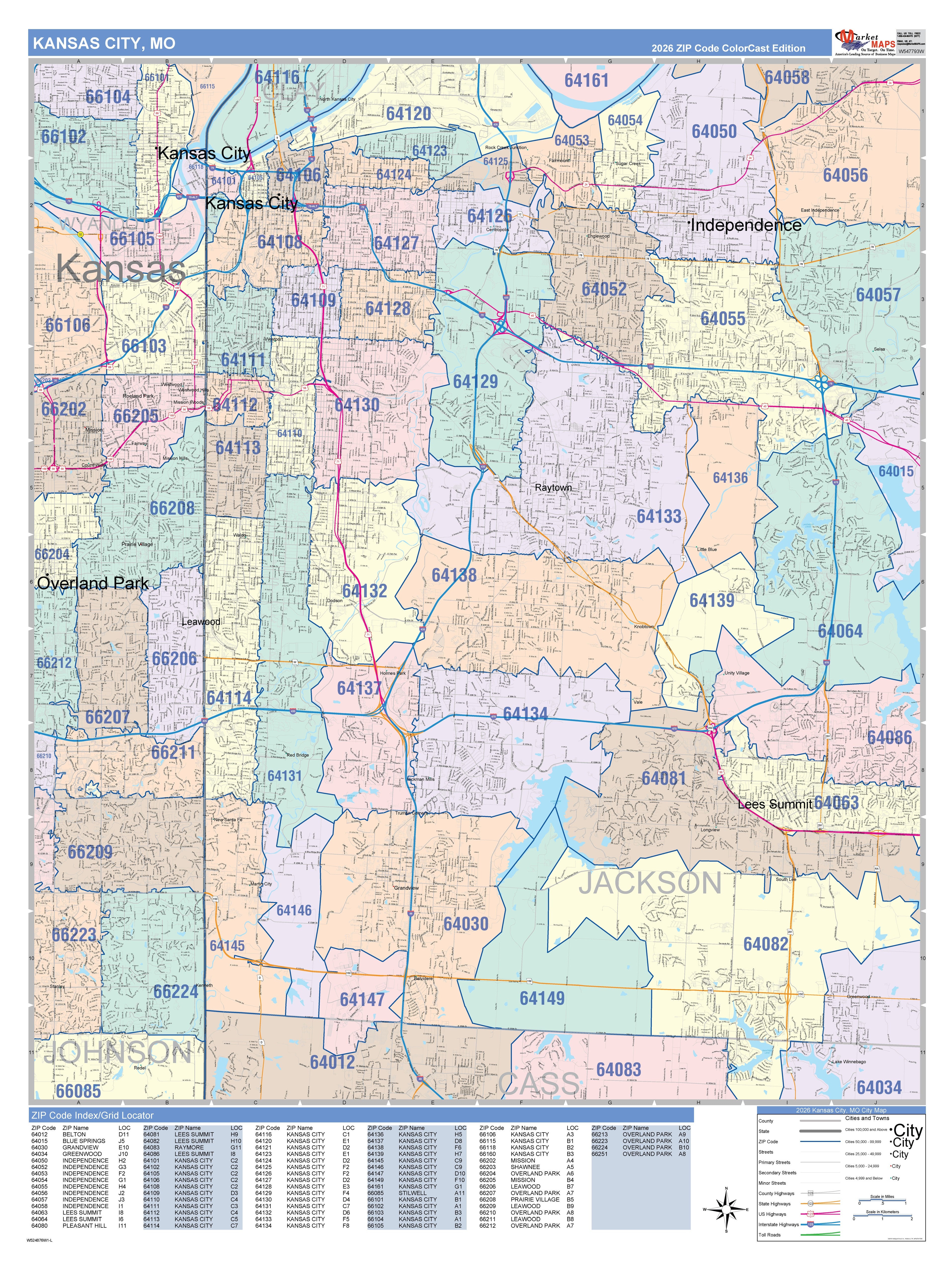 Color Cast Zip Code Style Wall Map of Kansas City, MO – American