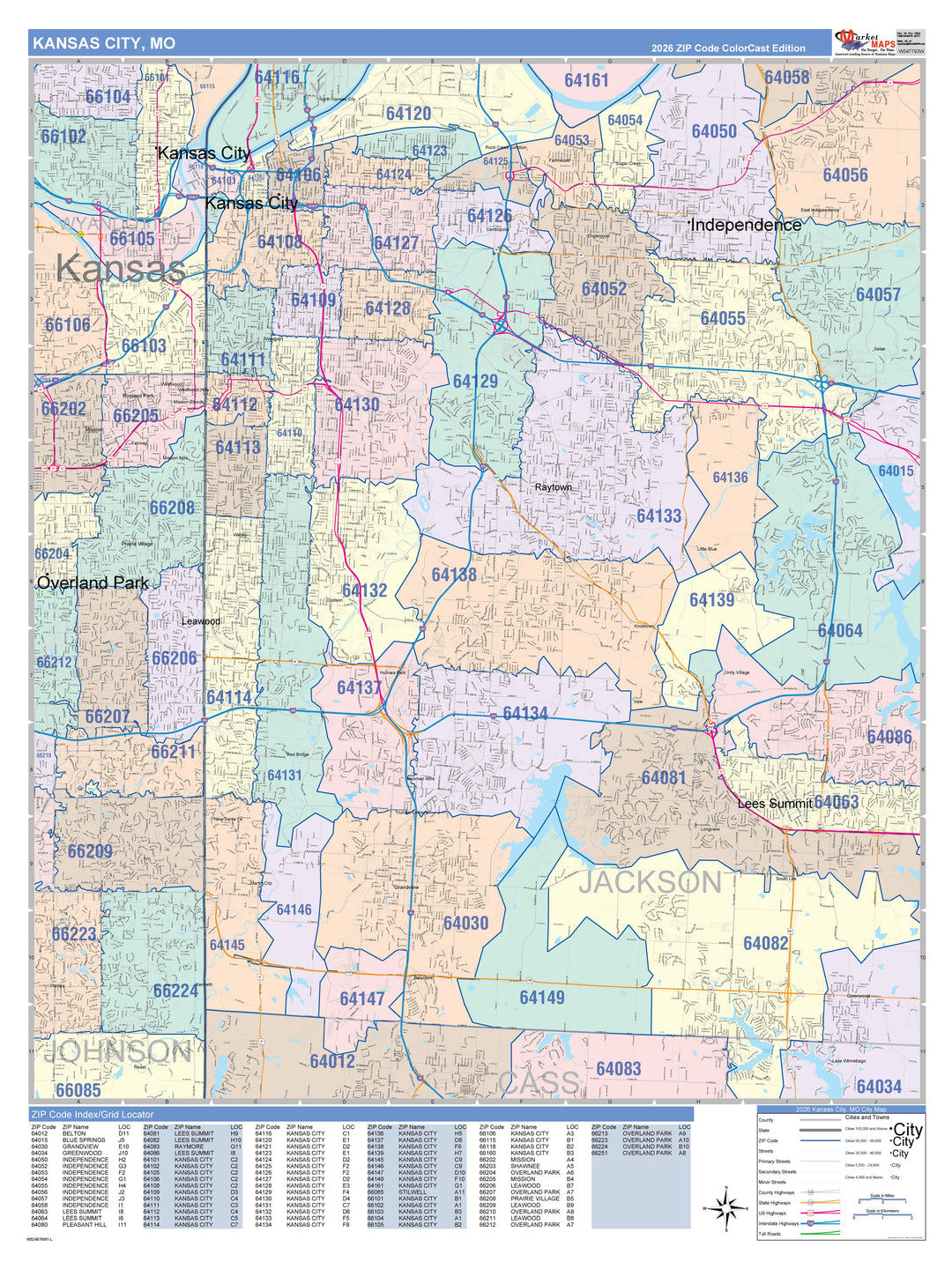 Color Cast Zip Code Style Wall Map of Kansas City, MO