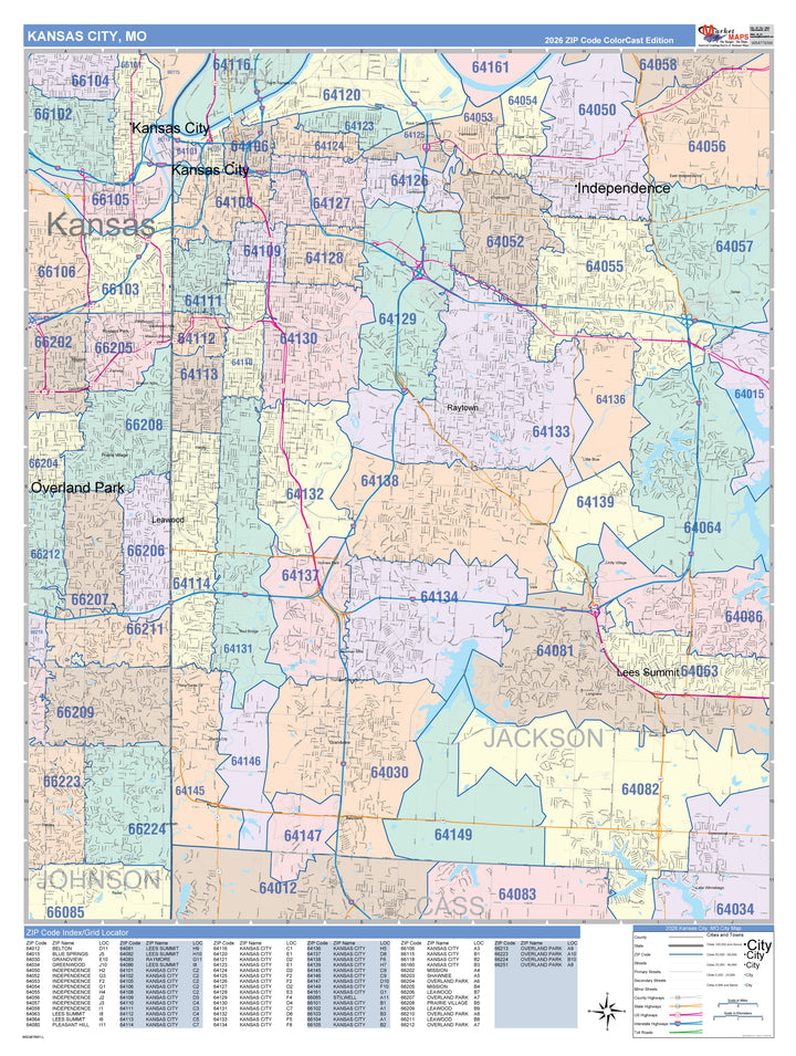 Color Cast Zip Code Style Wall Map of Kansas City, MO