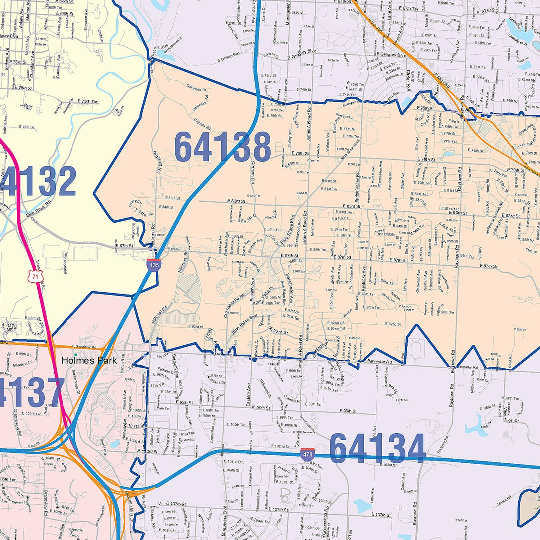 Color Cast Zip Code Style Wall Map of Kansas City, MO