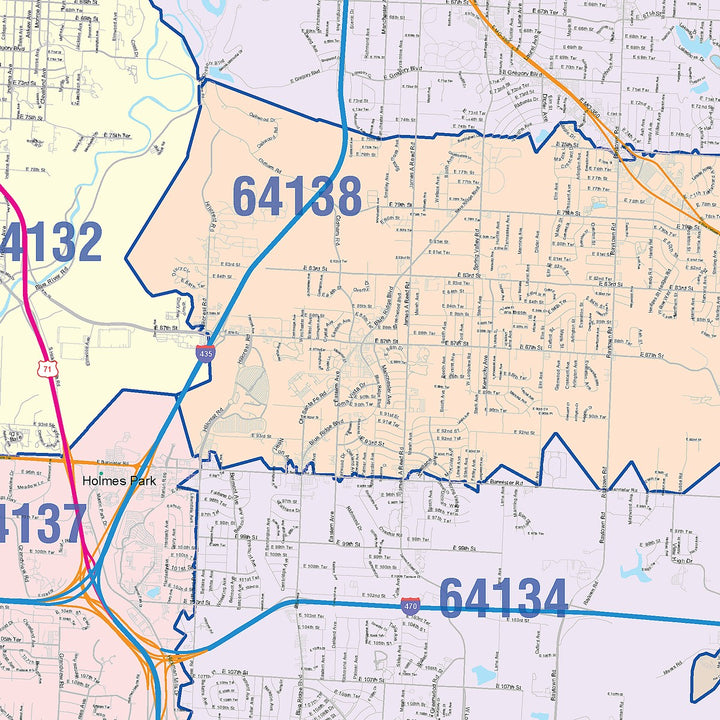 Color Cast Zip Code Style Wall Map of Kansas City, MO