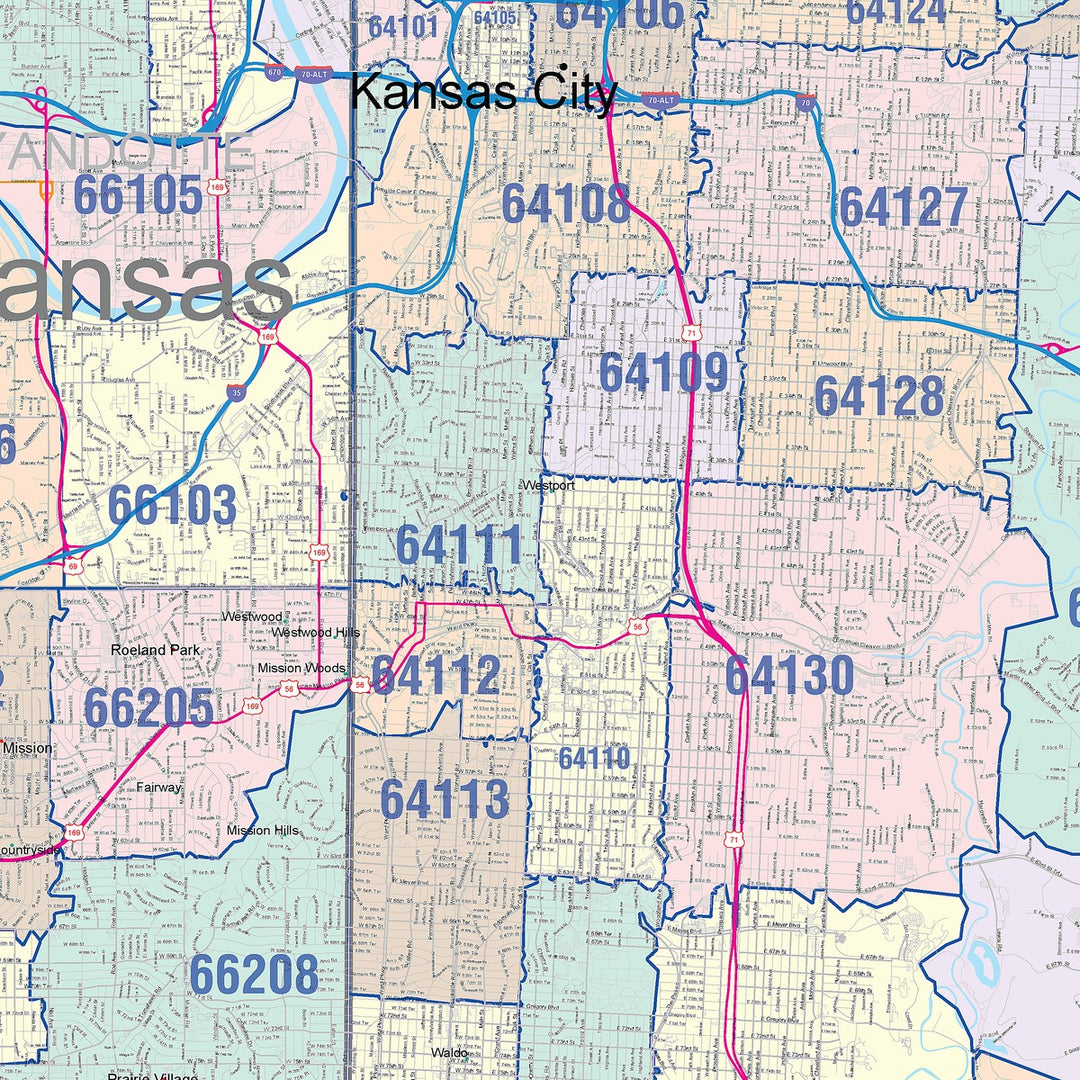 Color Cast Zip Code Style Wall Map of Kansas City, MO