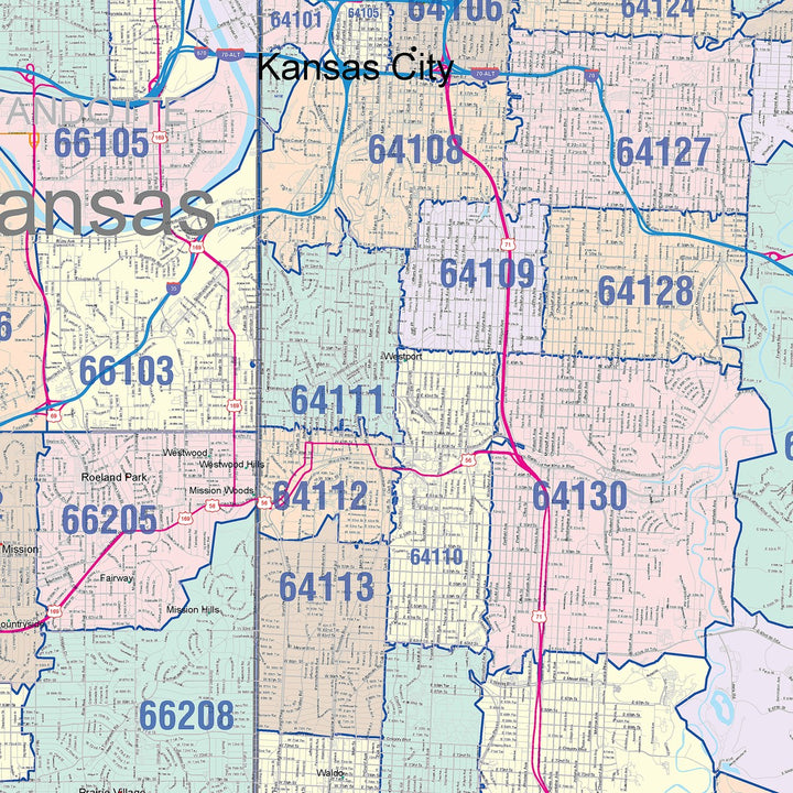 Color Cast Zip Code Style Wall Map of Kansas City, MO
