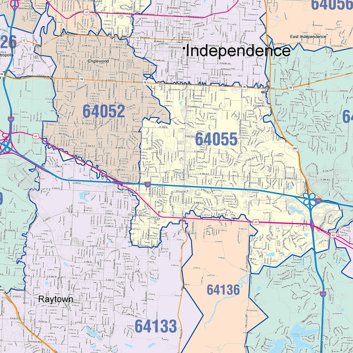 Color Cast Zip Code Style Wall Map of Kansas City, MO