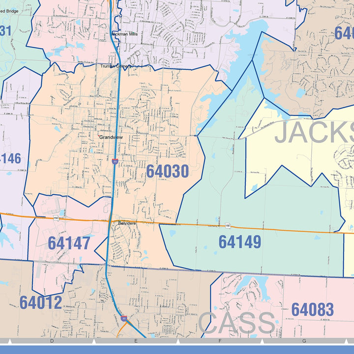 Color Cast Zip Code Style Wall Map of Kansas City, MO