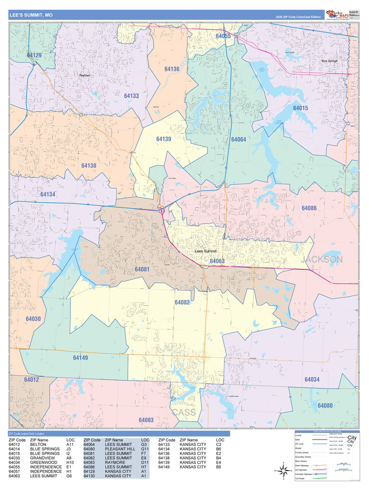Color Cast Zip Code Style Wall Map of Lees Summit, MO