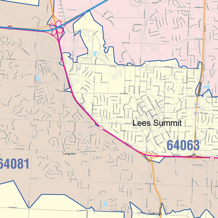 Color Cast Zip Code Style Wall Map of Lees Summit, MO