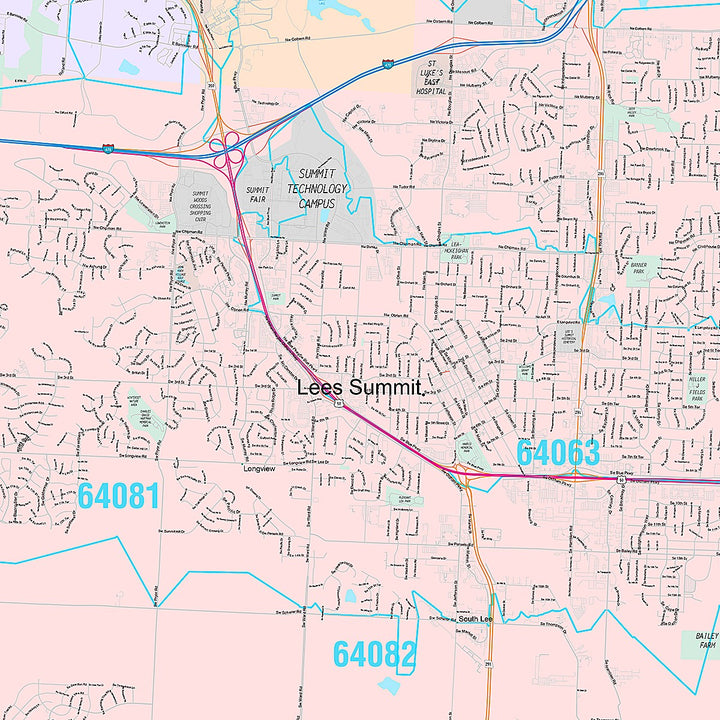 Premium Style Wall Map of Lees Summit, MO