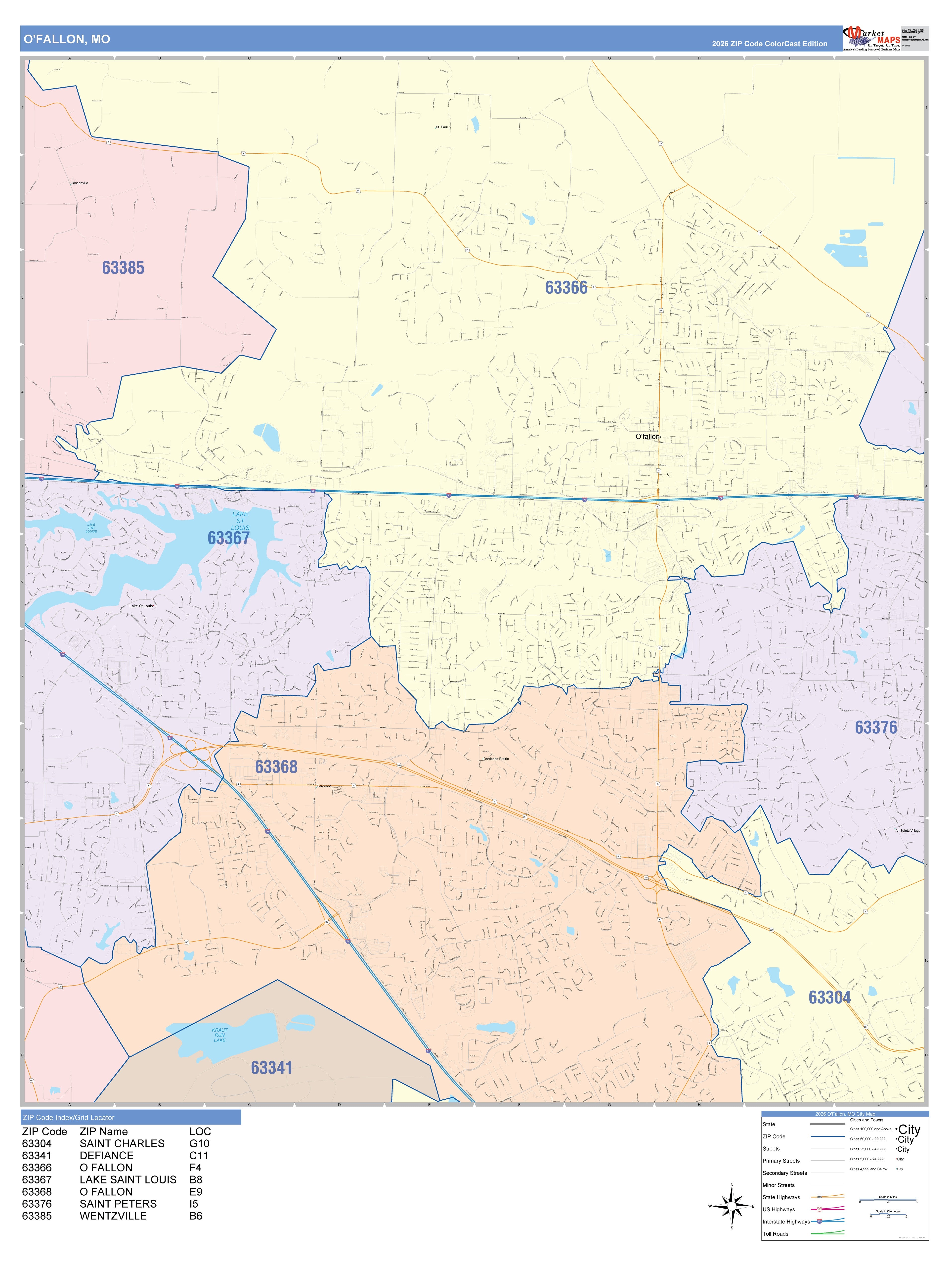 Color Cast Zip Code Style Wall Map of O'Fallon, MO – American Map Store