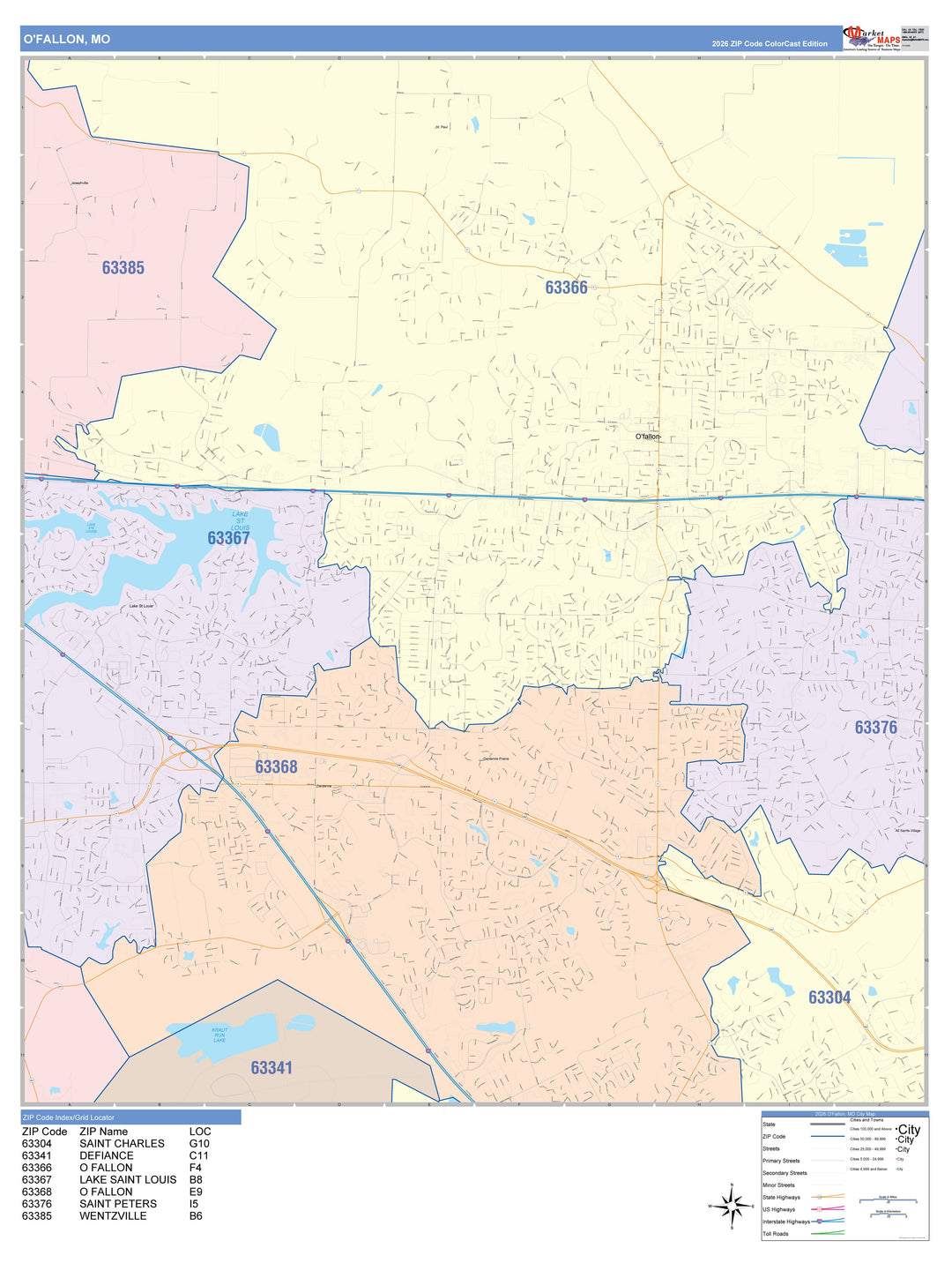 Color Cast Zip Code Style Wall Map of O&