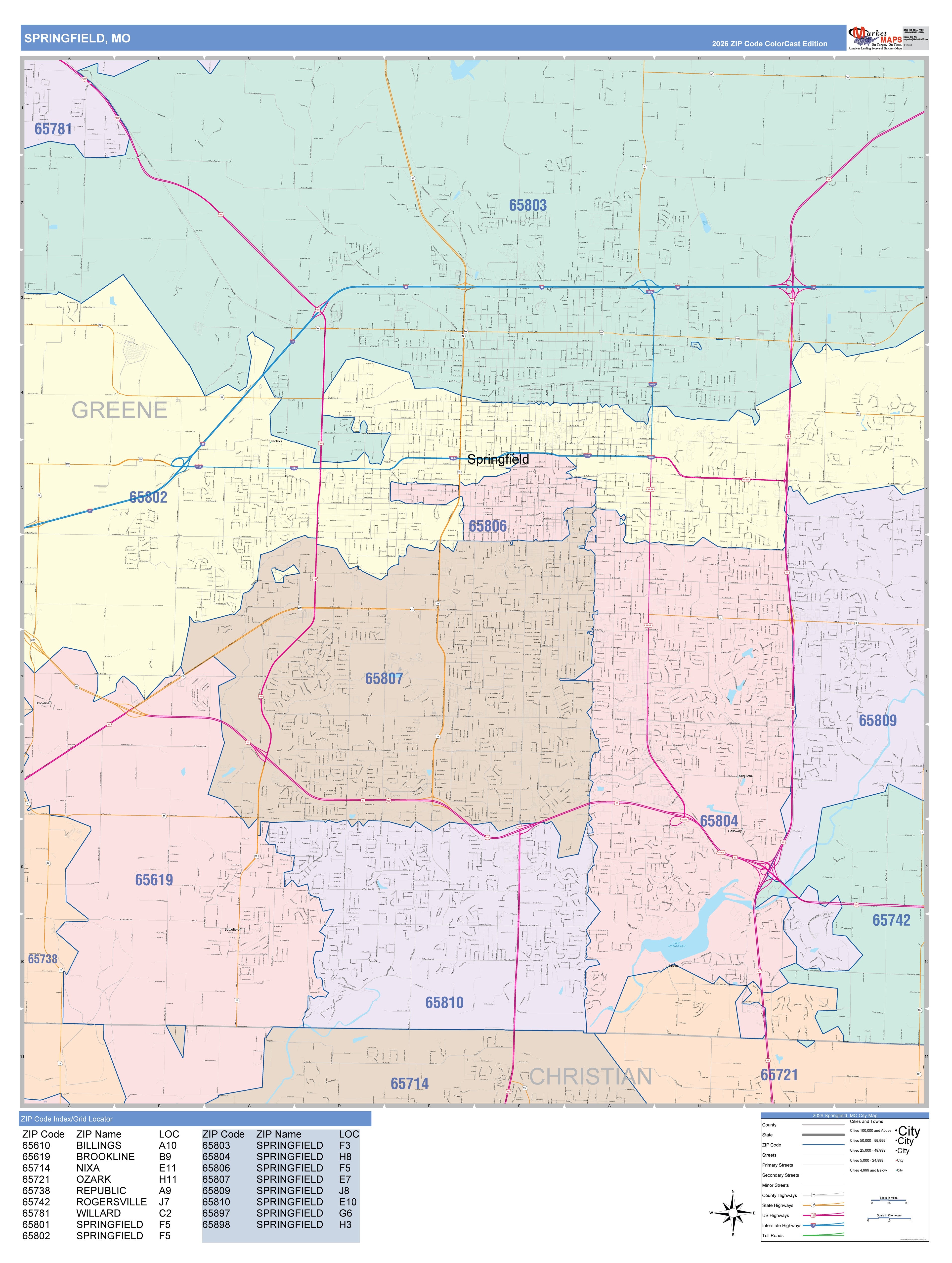 Color Cast Zip Code Style Wall Map of Springfield, MO – American