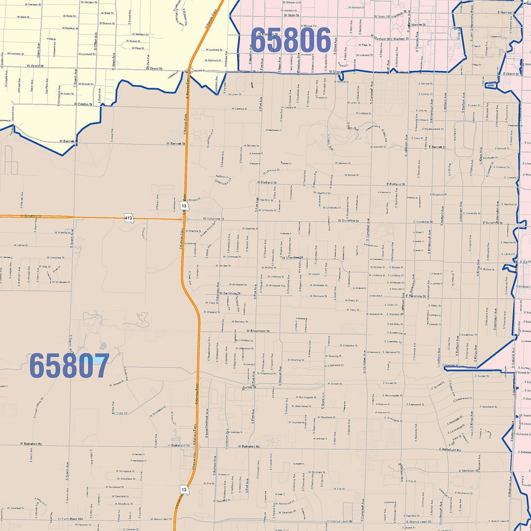 Color Cast Zip Code Style Wall Map of Springfield, MO
