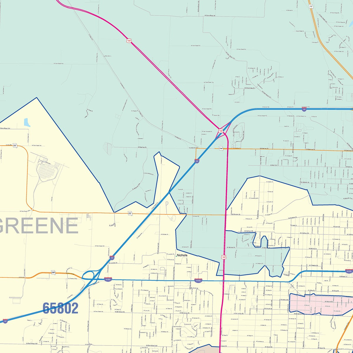 Color Cast Zip Code Style Wall Map of Springfield, MO – American