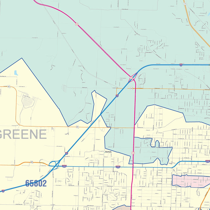 Color Cast Zip Code Style Wall Map of Springfield, MO