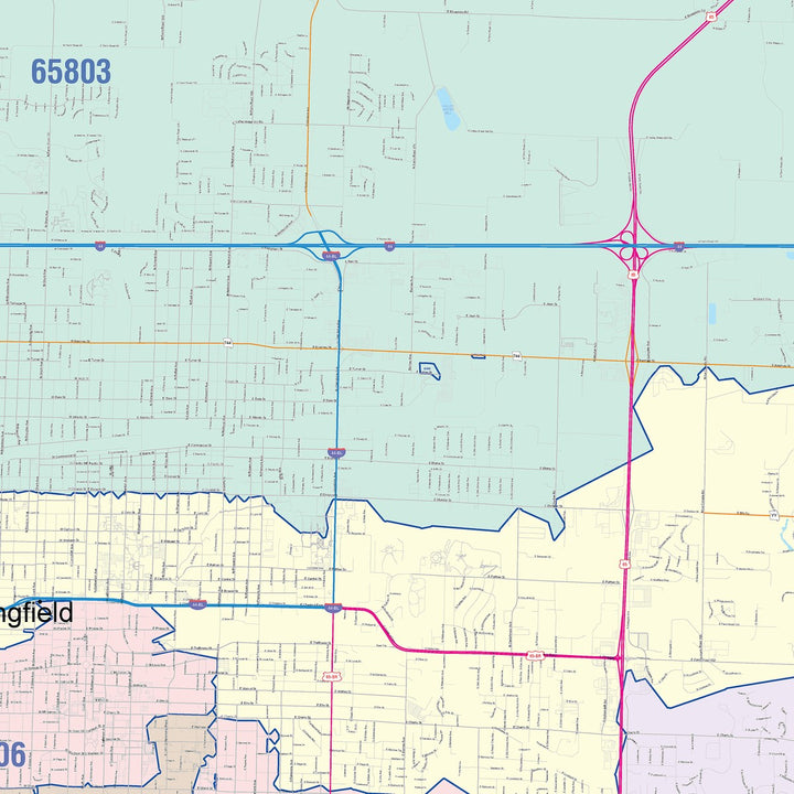 Color Cast Zip Code Style Wall Map of Springfield, MO
